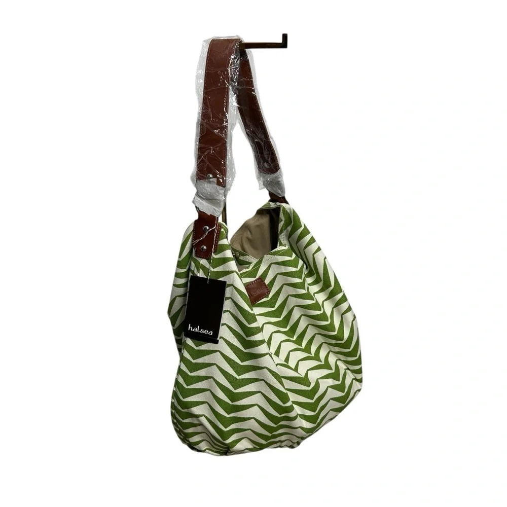 Halsea Dunes Bucket Bag Green Chevron Leather Trim Cotton Canvas Beach Chic Bag